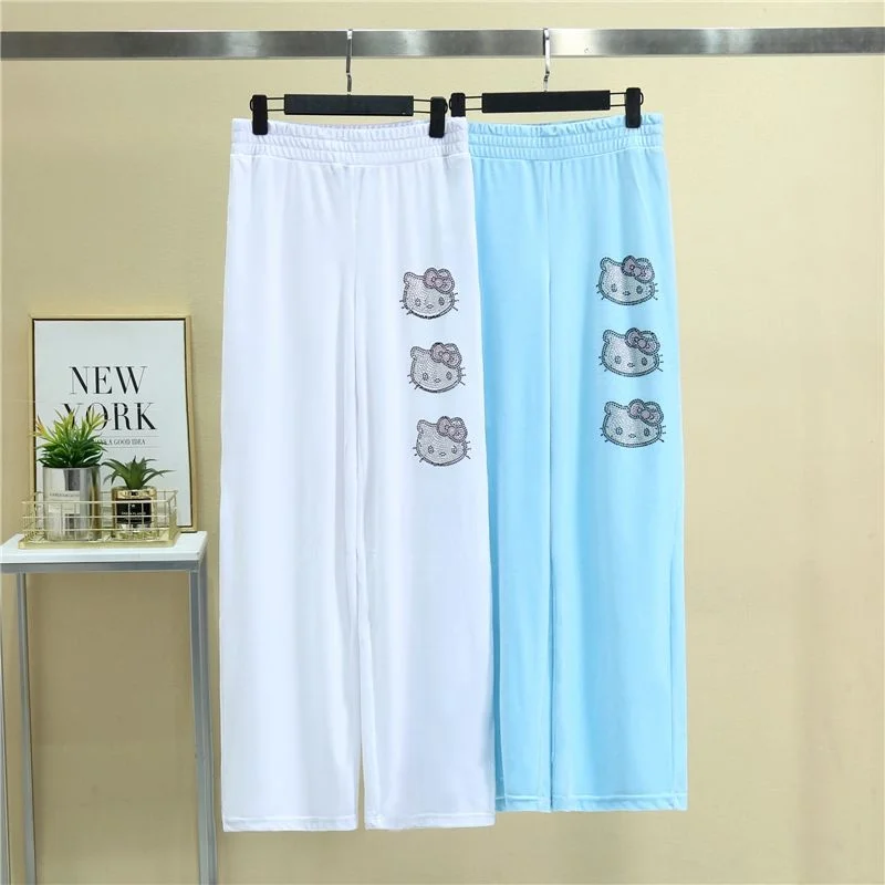 Y2k Sanrio Hello Kitty Rhinestone Oversize Casual Pant Women Golden Velvet High Waist Trousers Female Fashion Wide Leg Pant Cute