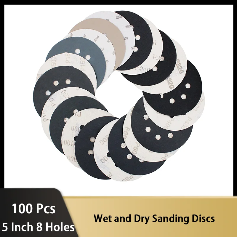 

5 Inch 8 Hole Wet and Dry Sanding Discs 100 Pcs 240-3000 Assortment Grits for Random Orbital Sander Automotive Wood Metal Polish