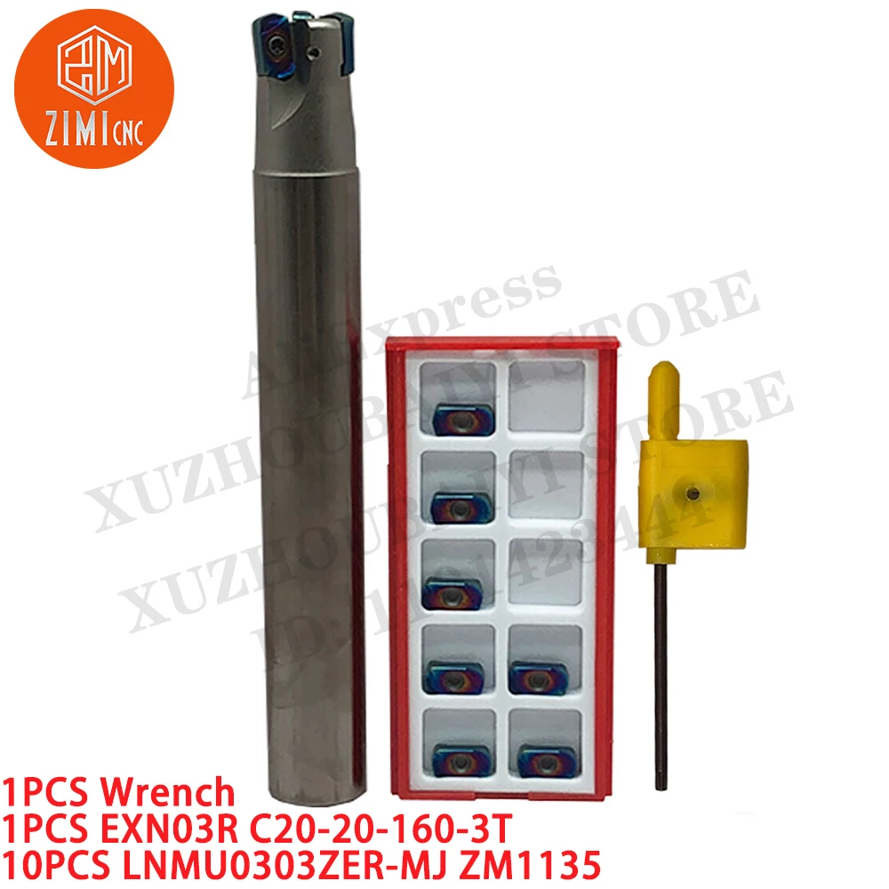 1 قطعة EXN03R C20-20-160-3T قطع نهاية مطحنة شانك + 10 قطعة LNMU0303ZER-MJ ZM1135N مؤشر إدراج الطحن مخرطة معدنية CNC أداة قطع