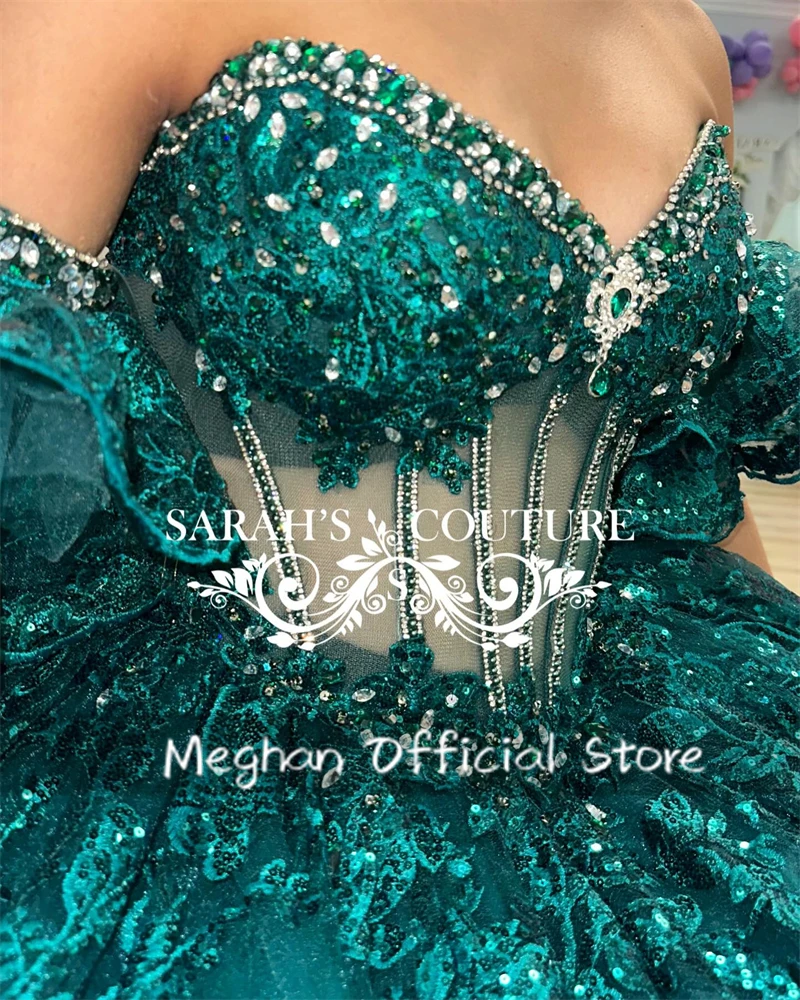 Emerald Green Off Shoulder Quinceanera Dresses Bead Appliques 2025 Birthday Luxury Dress Bow Party Gown With Sleeve Customized