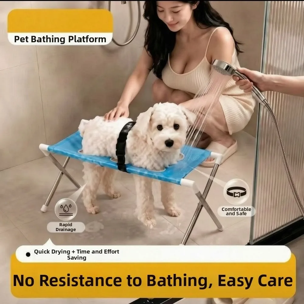 Foldable Pet Grooming Table Quick-Dry Mesh Non-Slip Pet Bathing Stand Stainless Steel Frame Stable Structure