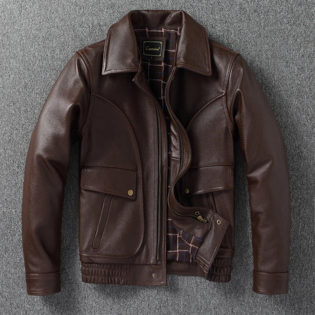 

2025 New Waxed Distressed Brown Leather Jacket for Men - Genuine Full-Grain Cattlehide Aviator Bomber with Notch Lapel