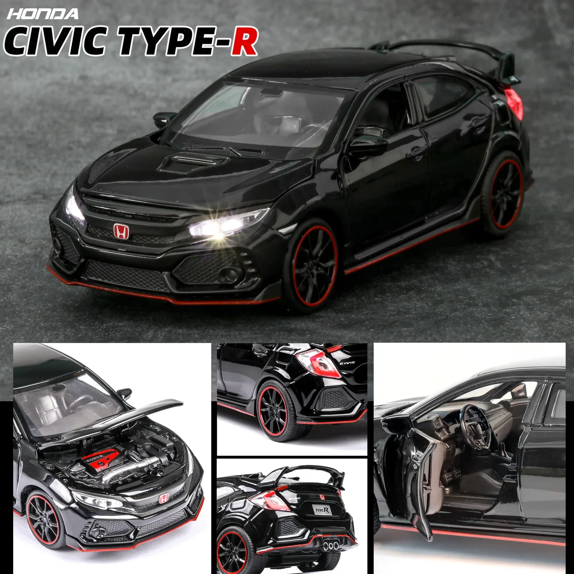1:32 Honda Civic TYPE-R Wysokiej Jakości Model Samochodu z Odlewanej Metalu, Napęd Pull Back, Dźwięk i Światło, Prezent dla Dzieci, Kolekcja A109Mul