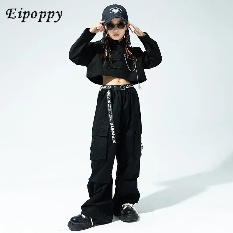 قميص بزر ضفدع أسود وأعلى محصول للفتيات ، سراويل بضائع واسعة غير رسمية ، ملابس رقص الجاز ، ملابس الرقص