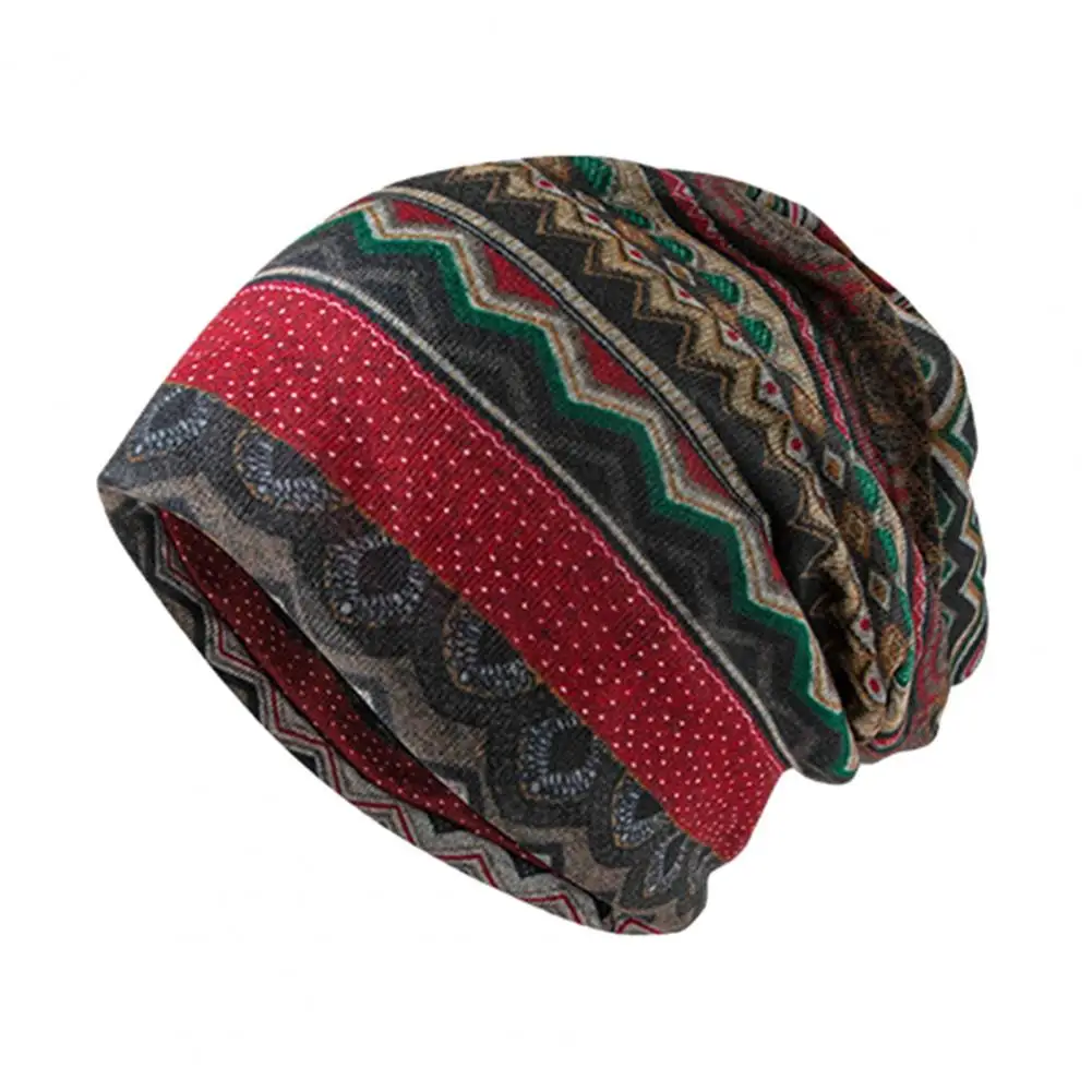 Unisex Skullies Beanies Vintage Ethnic Print Elastic Anti-slip Soft Warm Dual-use Women Hats For Ladies Thin Girl Men Beanie