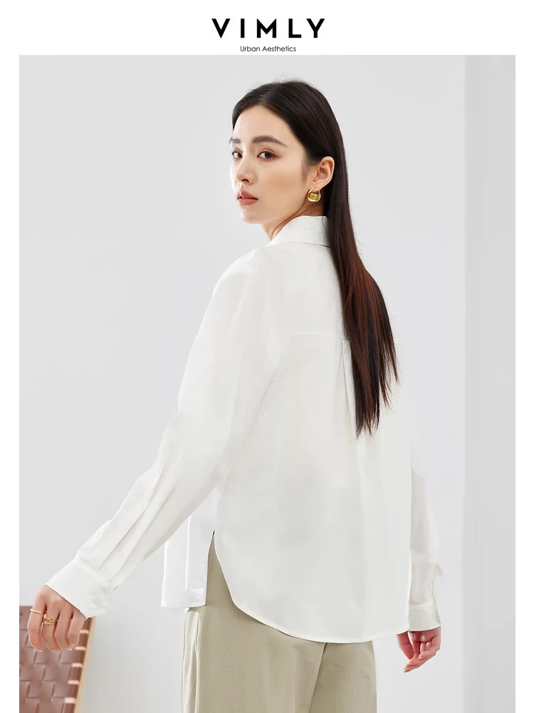 Vimly Spring White Shirt for Woman Lyocell Lapel Straight Loose Shirts & Blouses 2024 New Casual Simple Long Sleeve Top M5355