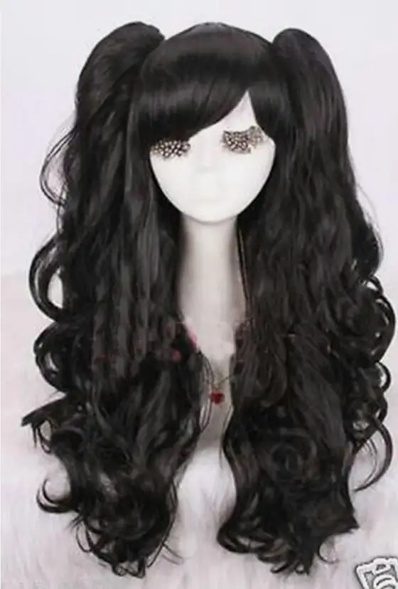 

Gothic lolita black full wig curly wave long cosplay wig with ponytails