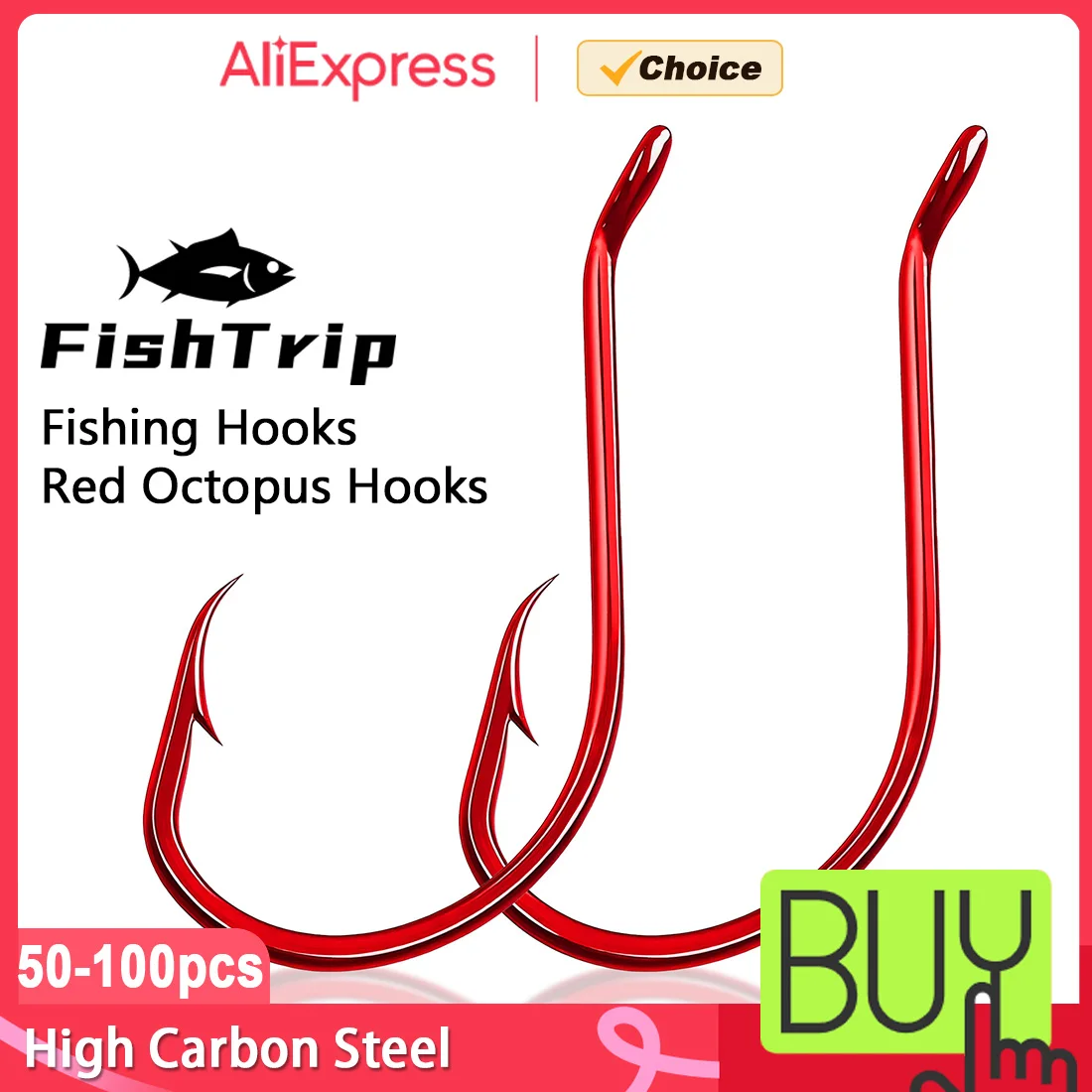 FishTrip Rote Oktopus-Haken, 25–100 Stück, Kreishaken, versetzt, 2 x starke lebende Köder, Karpfenhaken mit Widerhaken, Salzwasser, Süßwasser, Wels, Bass