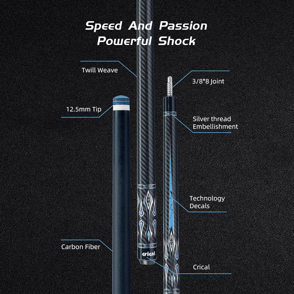 Carbon Fiber Pool Cue Stick Low Deflection 12.5mm Tip 3/8x8 Joint 58in Nine Ball Billiard Cue CRICAL CL-04