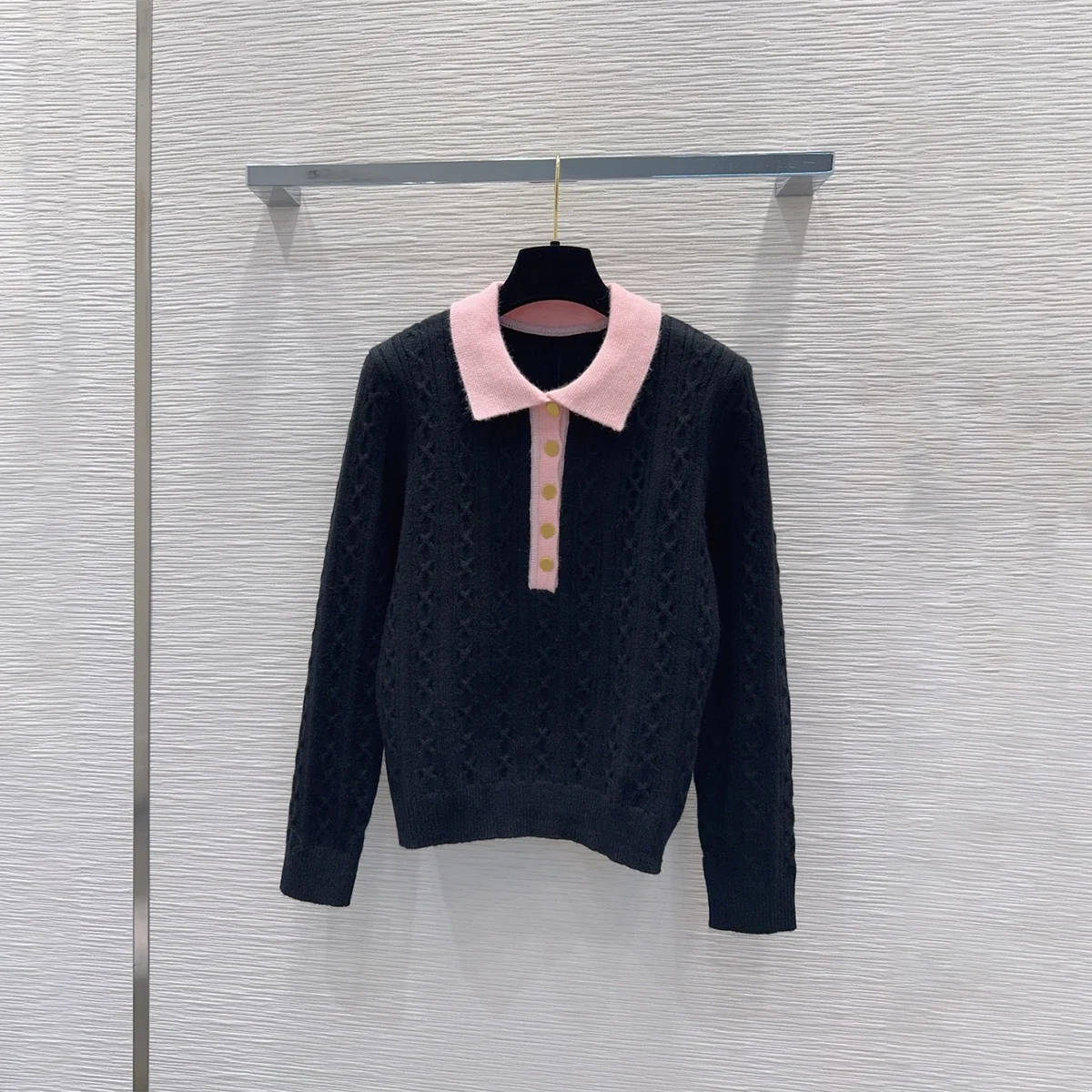 2026 High Quality Women Color Block Polo Collar 100% Wool Cable Knit Sweater26102006