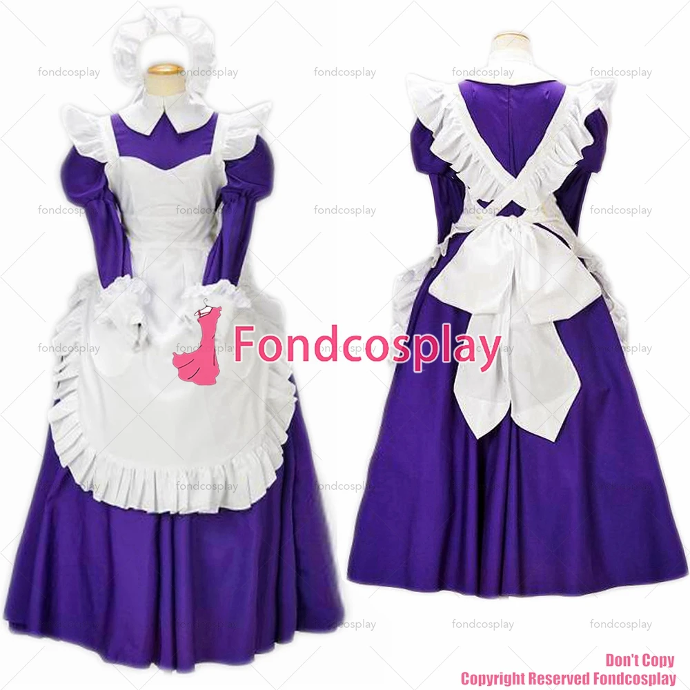 

fondcosplay adult sexy cross dressing sissy maid long lockable Purple cotton dress uniform white apron CD/TV [G1616]