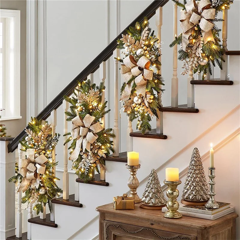 Christmas GarlandChristmas , Stair Christmas Garland for Stairs, Door, Fireplace, Window, Outdoor Indoor Christmas Decor Gold