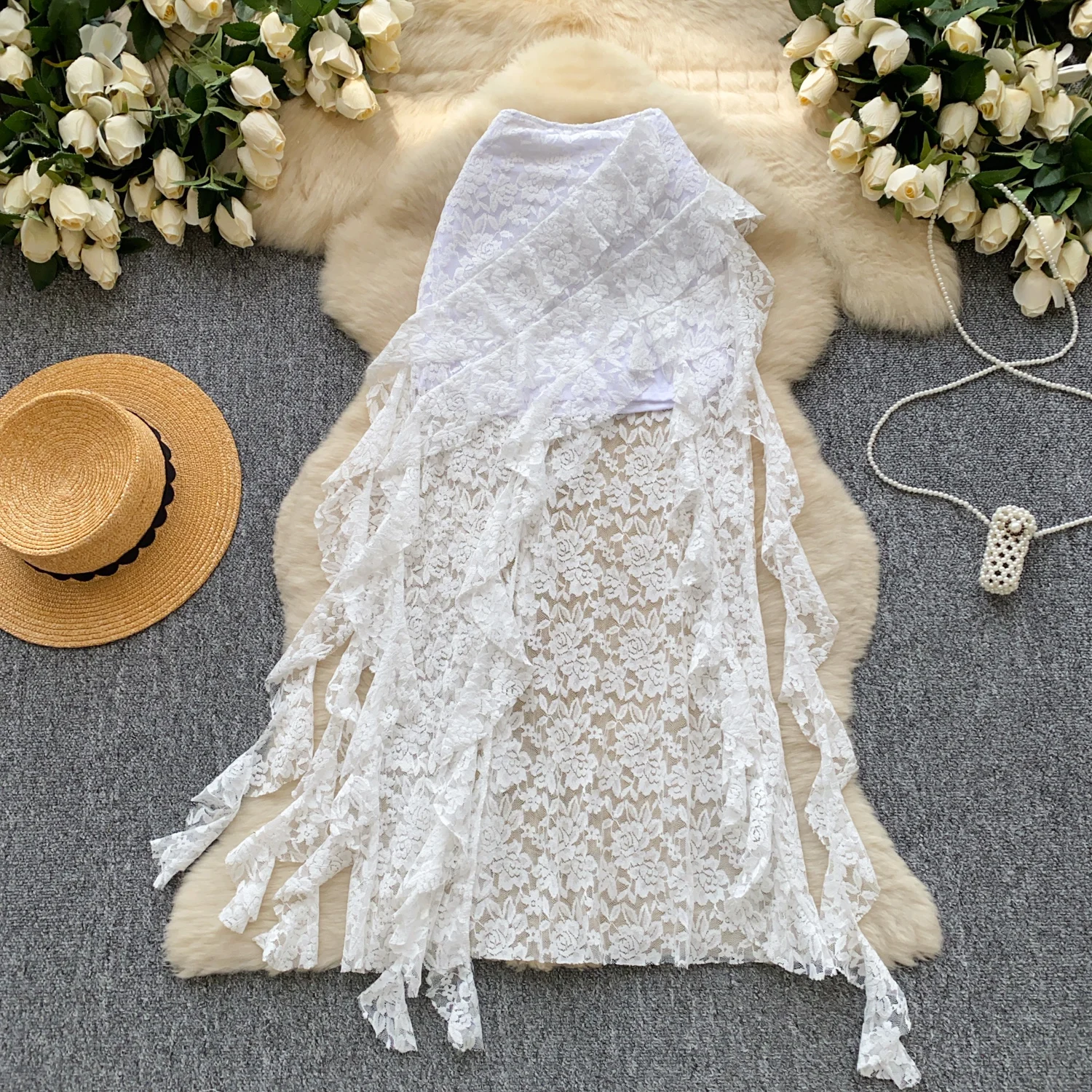 

Women Chic hollow out lace Skirt High Waist Elegant Korean Fashion A-line Skirt Casual Summer Clothing