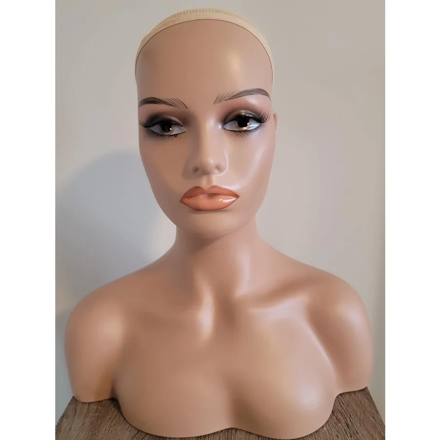 Luxar Beaute realistischer weiblicher Schaufensterpuppenkopf mit Schulter, PVC-Kopf, Büste, Perückenkopfständer für Perücken, Ausstellungszubehör in Beige C