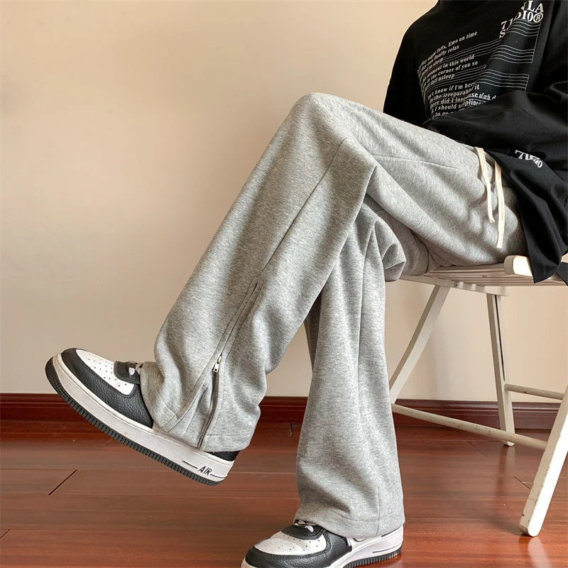 Spring Straight Sweatpants Men's Fashion Zipper Design Wide-Leg Mopping Casual Pants Trendy Male Solid Color Loose Trousers