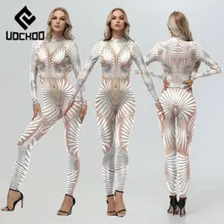 White Printed Sexy Jumpsuit for Women Carnival Party Cosplay Costume Fashion Sexy Bodysuit Stage Performances Zentai Clothes