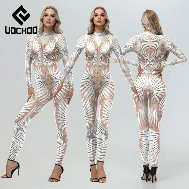 Biały nadruk seksowny kombinezon dla kobiet karnawałowe przebranie na karnawał moda seksowne body występy sceniczne ubrania Zentai