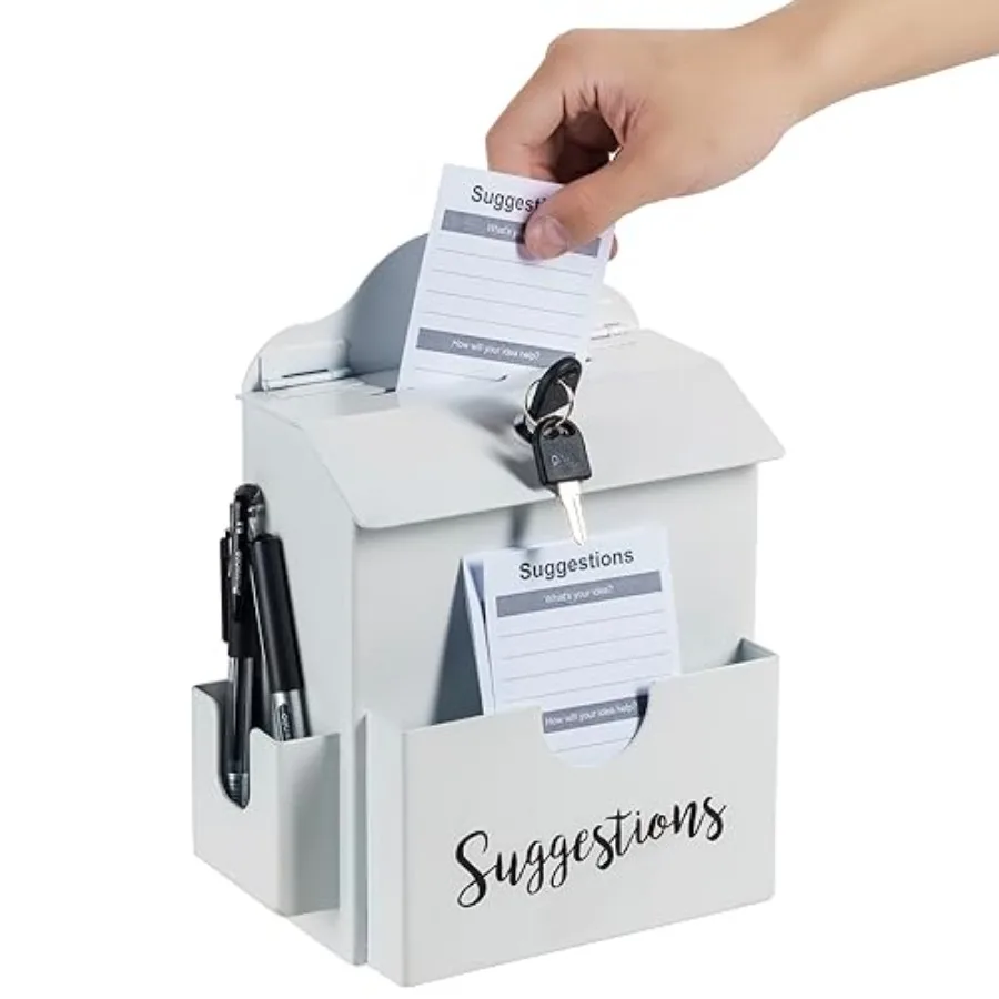 

Suggestion Box with Cursive Suggestions Lettering Wall Mounted or Tabletop Ballot Comment Box with Lock Keys Paper Sheet and Pe