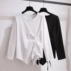 Simplicity Irregular T Shirts Spring Autumn New Long Sleeve Loose Plus Size Korean Drawstring Tops Fashion Casual Women Clothing