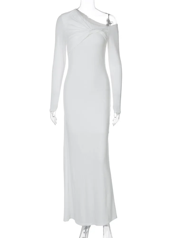 Geneigte Schulter Langarm Sexy Maxi Kleid Frauen Herbst Winter Weiß Mode Backless Bodycon Club Langes Kleid Weibliche