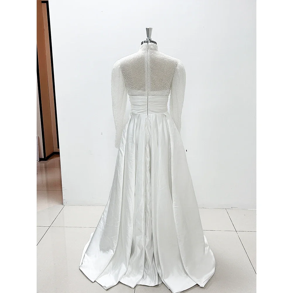 Vestidos de novia blancos con perlas, drapeados, manga larga, largo hasta el suelo, ocasión Formal, vestidos de tren de barrido para novia elegante 2024