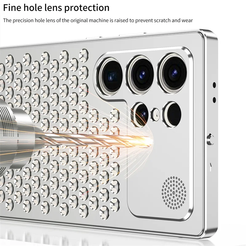 For Samsung Galaxy S23 S24 S25 S26 Ultra Metal Hollow Heat Dissipation Holes Phone Case Spring Buckle Shockproof Protect Cover