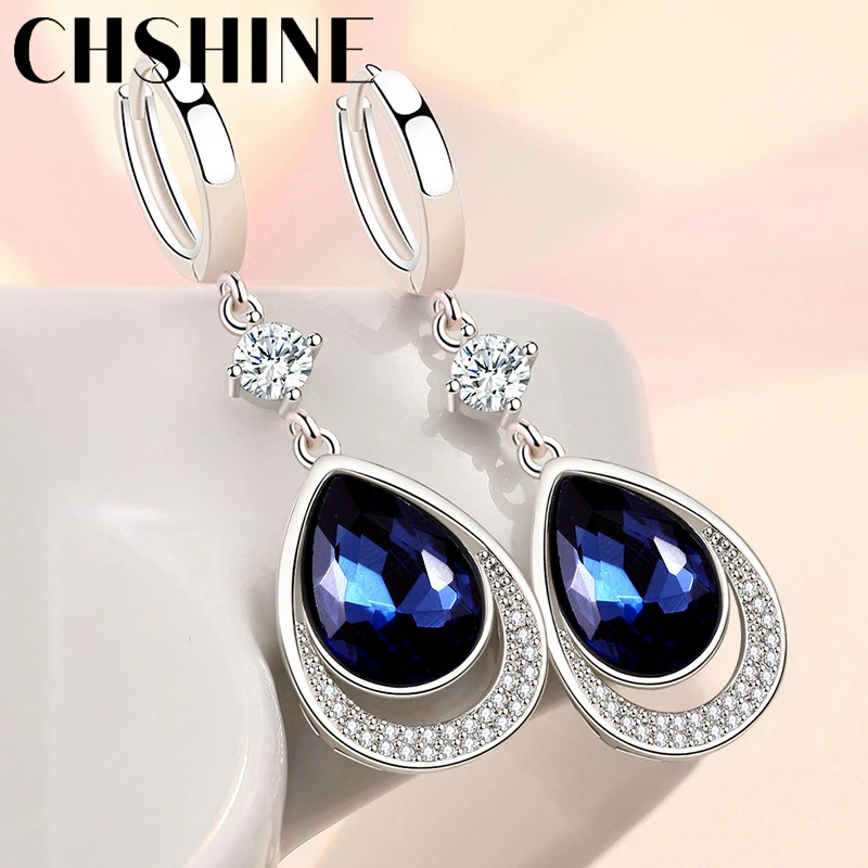 CHSHINE-925 Sterling Silver Water Drop Sapphire Brincos Para Mulheres, Jóias Da Moda, Banquete De Casamento, Presente De Festa