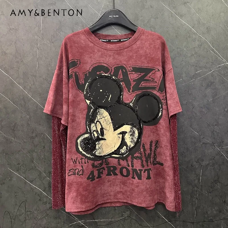 

2025 Spring New Heavy Industry Tees Cartoon Sequin Printing Cute Fake Two Long-sleeved T-shirt Women's Loose Casual Top Pullover