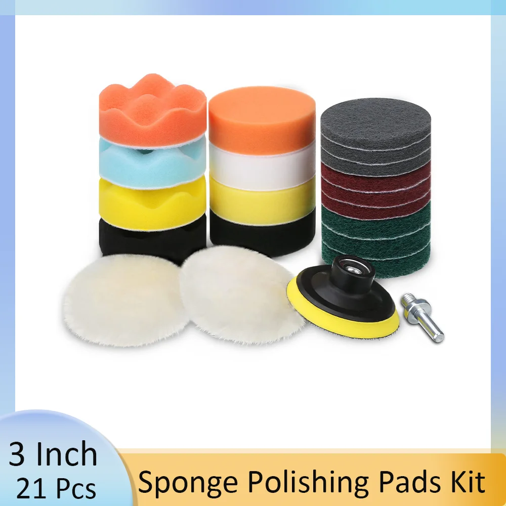 

3 Inch Scouring Sponge Polishing Pads Kit 21 Pcs Wool Buffing with Drill Adapter Car Foam Drill Polishing Pad Kits for Clean