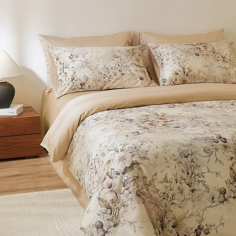 600TC Long-Staple Cotton Digital Print Beige Blooms Duvet cover set Silky Ultra Soft Twin/Single/Queen/Double Family Bedding se