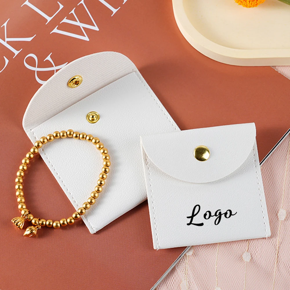 

Custom Logo 100pcs 8x8cm Gold Luxury PU Jewelry Packaging Bag Snap Leather Necklace Earrings Ring Storage Gift Bracelet Pouch