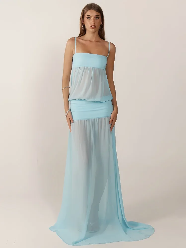 Sheer ตาข่าย Patchwork สปาเก็ตตี้ Maxi ชุดผู้หญิงเซ็กซี่ตัดดูผ่าน Backless Slim A-Line Dresses Partywear