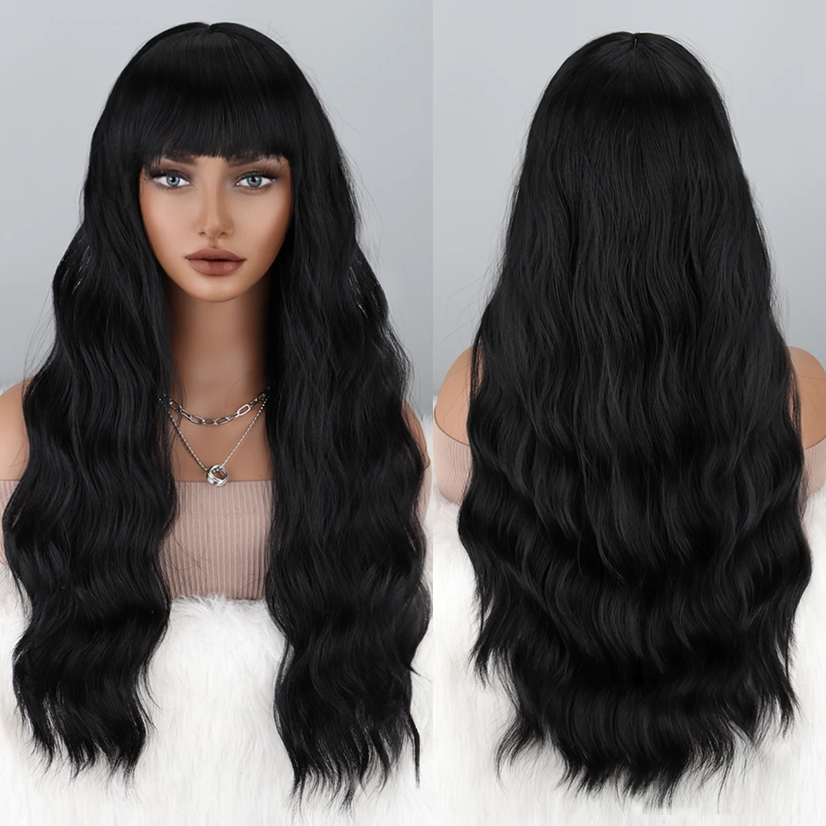 

Black Wig with Bangs for Women Long Black Wavy Wigs 26 Inch Natural Black Wigs Natural Looking Heat Resistant Synthetic Wig for