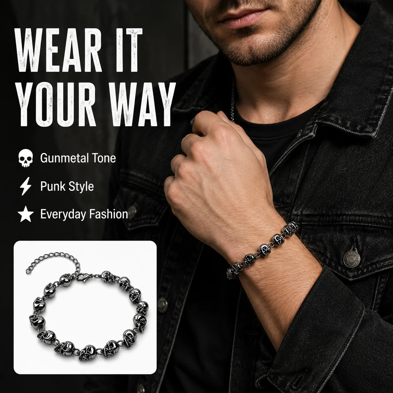 

Vintage Skull Bracelet for Men Stainless Steel Silver Color Adjustable Chain Bracelet Punk Gothic Fashion Jewelry Gift