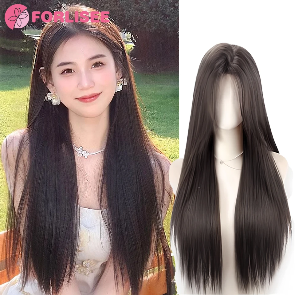 

FORLISEE Synthetic Wigs Long Straight Wigs with Bangs for Women Cool brown Daily Cosplay Hair Wigs Heat Resistant