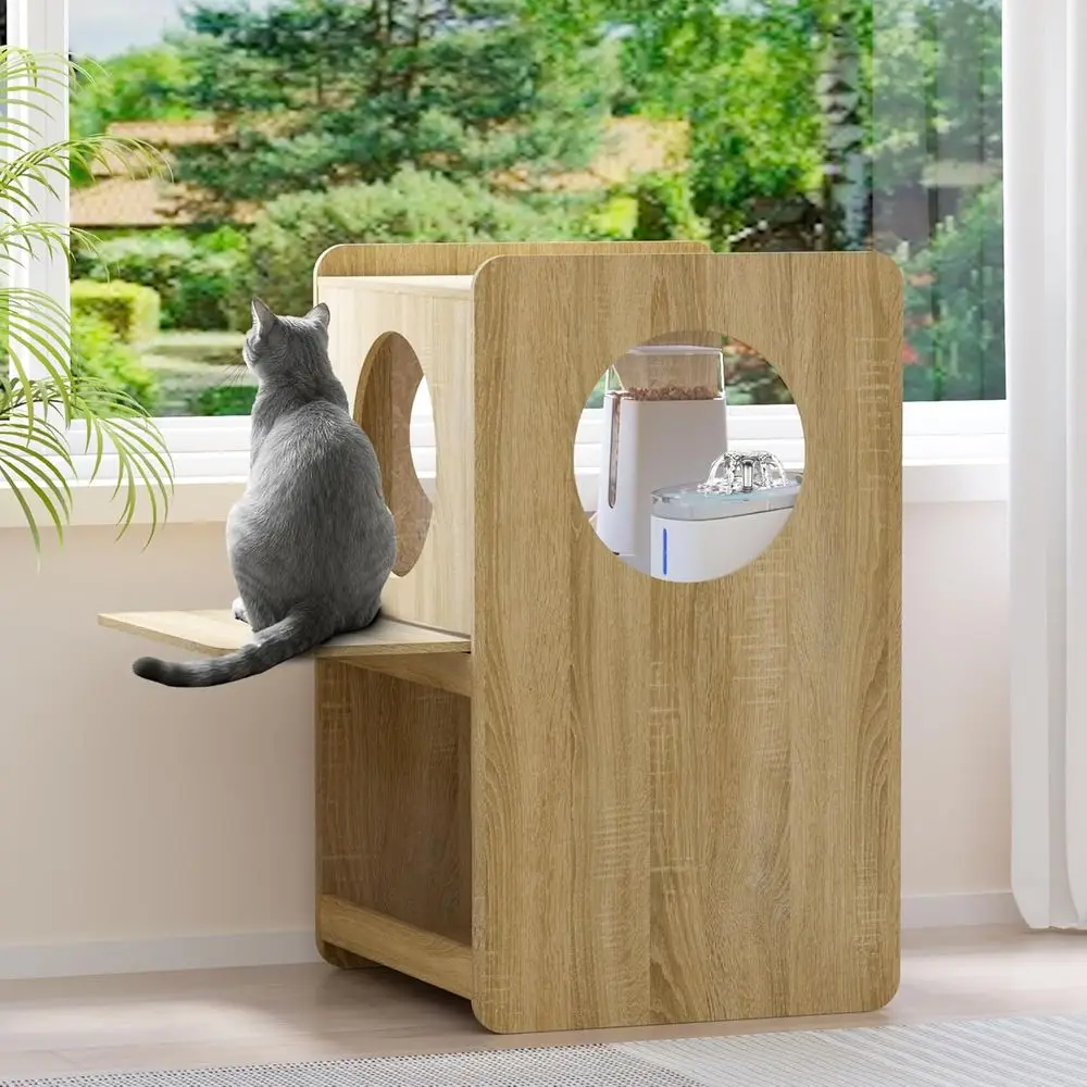 

Приподнятая кормушка для кошек с выдвижными мисками и подставкой для окна, защита от собак