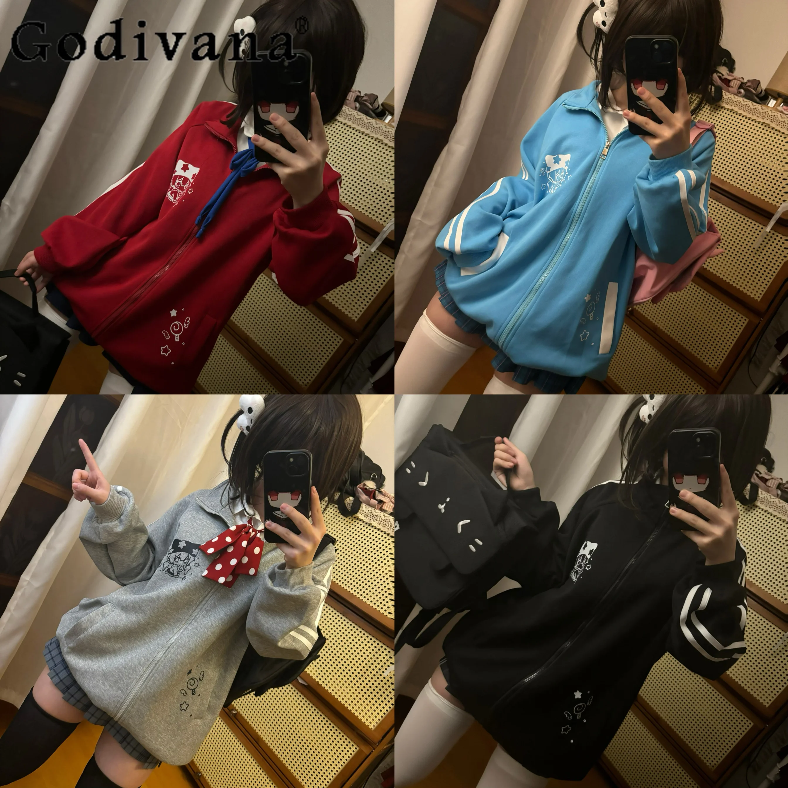 

Original Japanese Style Kawaii Red Coat Womens Loose Cartoon Print Student Cute Cardigan Jacket Top Spring and Autumn New 2024