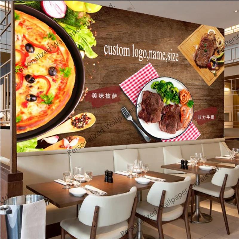 

Custom Pizza Steak Wooden Board Background 3d Mural Wallpaper Fast Food Restaurant Snack Bar Background Wall Papel De Parede 3d