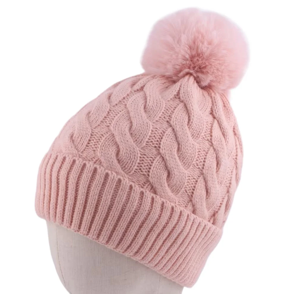 Warm Fleece Lined Hat Women Winter Beanies Cable Knitted Pom Pom Hat Plain Skullies Olive Green Black Grey White Beige Pink