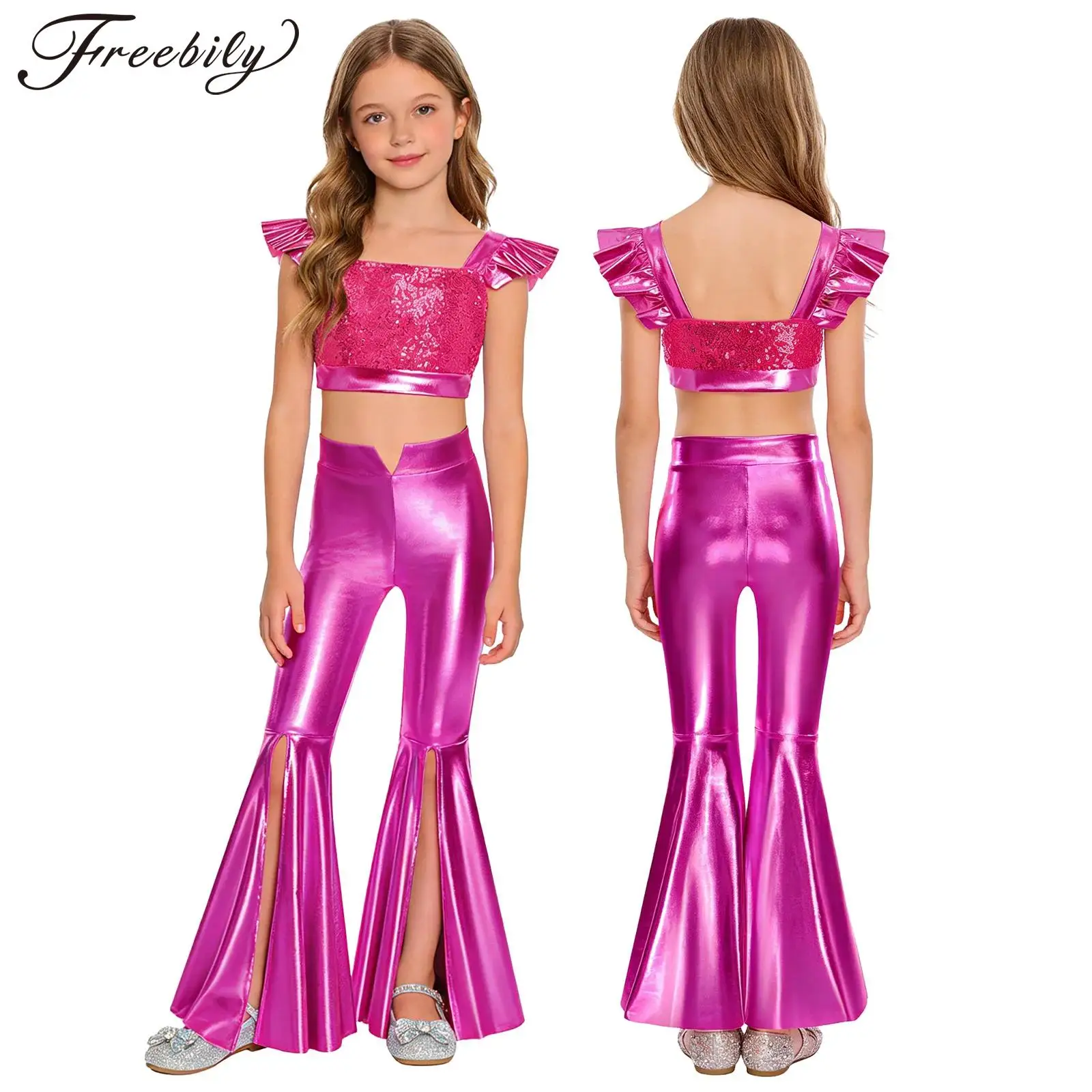 Kids Girls 70s Disco Jazz Dance Costume Sparkly Sequins Metallic Crop Top with Split Bell-bottom Pants for Stage Performance