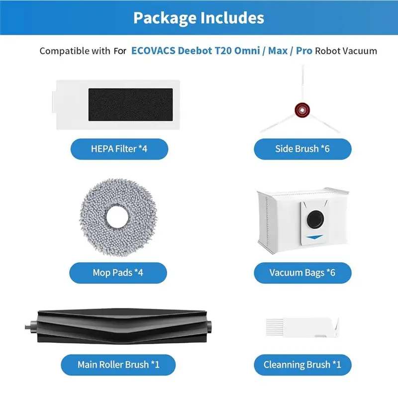 AA94-For ECOVACS T20 Omni/Max/Pro Robot Vacuum Cleaner Accessories, Main Side Brushes Hepa Filters Mop Cloth Dust Bags