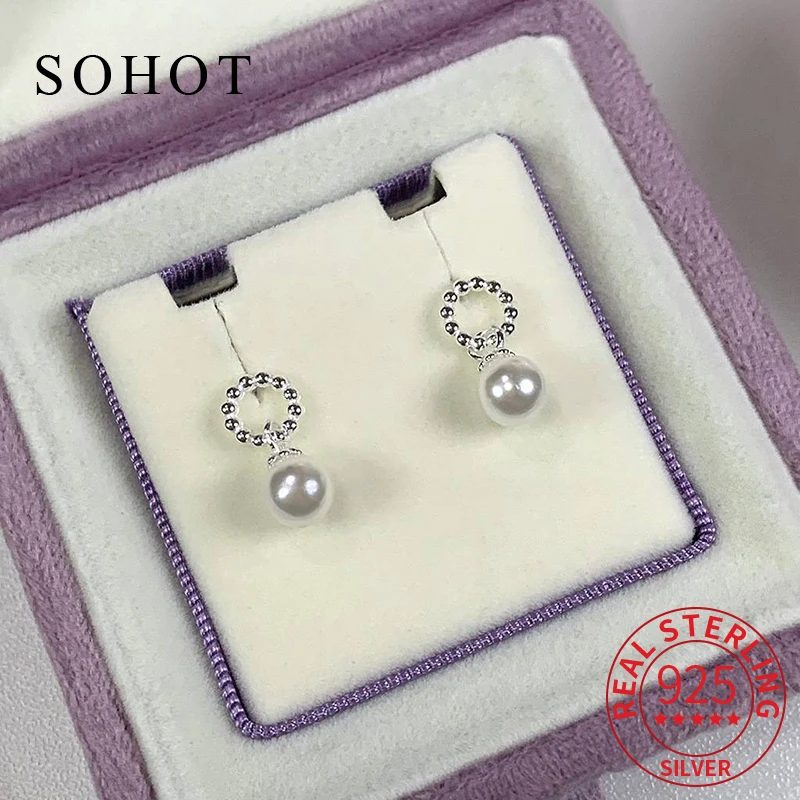 

Real 925 Sterling Silver Pearl Pendant Hollow Round Elegant Stud Earrings for Charm Women Fine Jewelry Minimalist Accessories