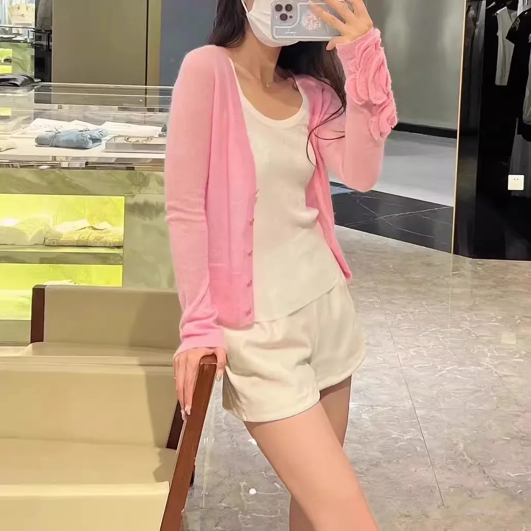 Women Wool Blend V Neck Cardigan 3D Floral Sleeve Elegant Casual Knit Outerwear Pink Beige Black