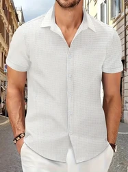 2024 new summer men's jacquard solid color lapel shirt casual beach short sleeve top