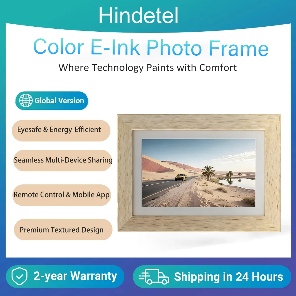 Hindetel 7.13 Inch WiFi Digital Color E-ink Picture Frame Wall Mount Wooden Frame for Family Gift Remote Update