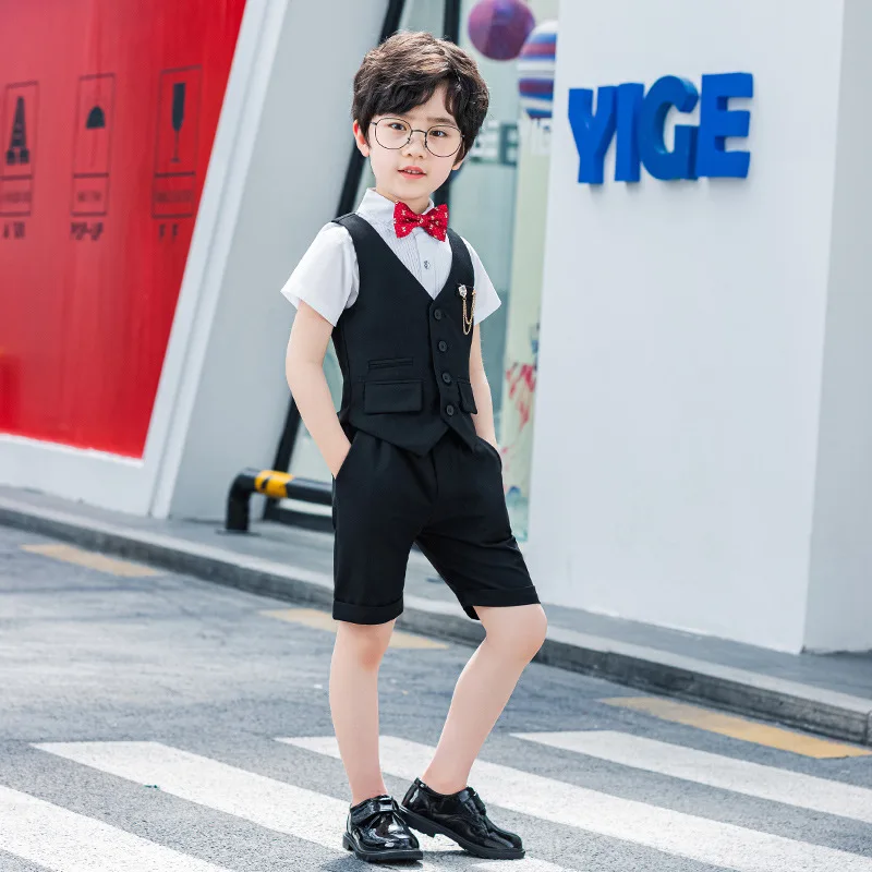 Baby Boys Summer Formal Vest Short Shirt Bowtie Costume Child Wedding Photography Suit School Kids Graduation Ceremony Dress