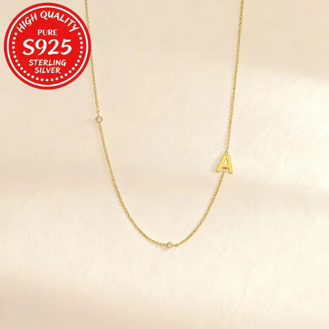 

S925 Sterling Silver 18K Gold Plated 26 Letter Necklace, French Vintage Diamond Clavicle Chain Birthday Christmas Gift for Women