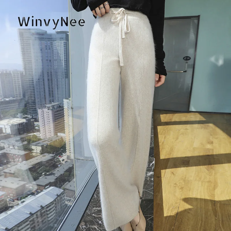 WinvyNee Women Knit Pants Mink Cashmere Relaxed Cut Brushed Fabric Elastic Waist Office Outfit City Style Casual Bottom D1248060