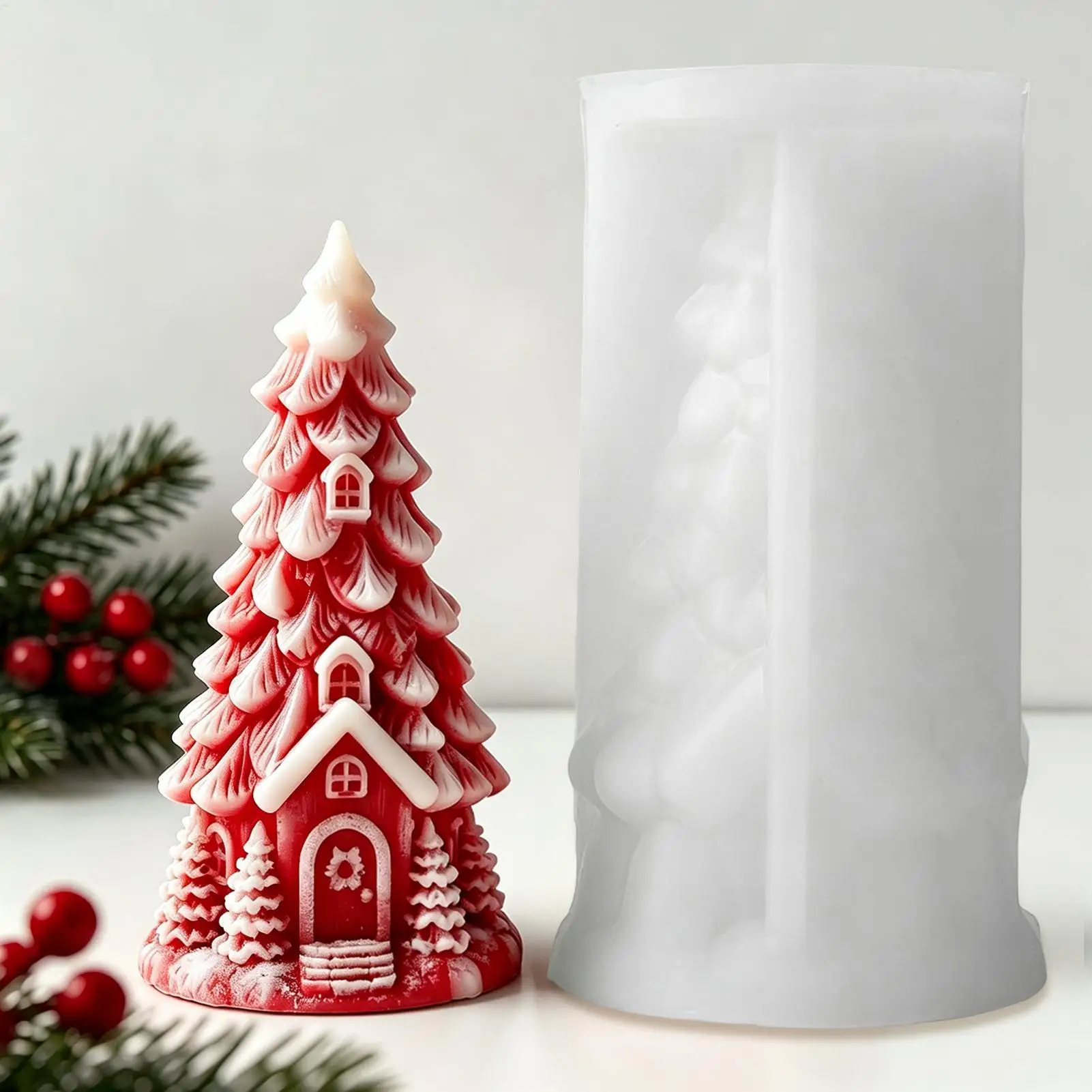 Weihnachtsbaum-Silikonform 3D Dekorative Handgemachte Bastelwerkzeuge Gießform für Weihnachtsbaumhaus Kerzenform für Fondant Gips