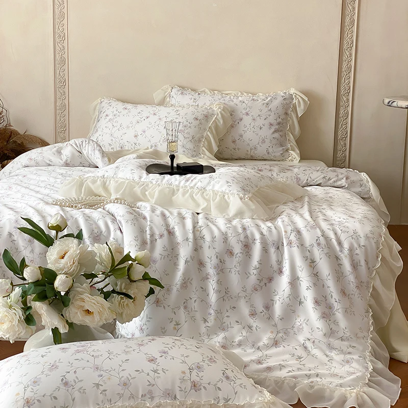 

Flower Prints Lace Ruffles Princess Bedding Set Lyocell Bamboo Fiber Soft Silky Cool Feeling Duvet Cover Bed Sheet Pillowcases